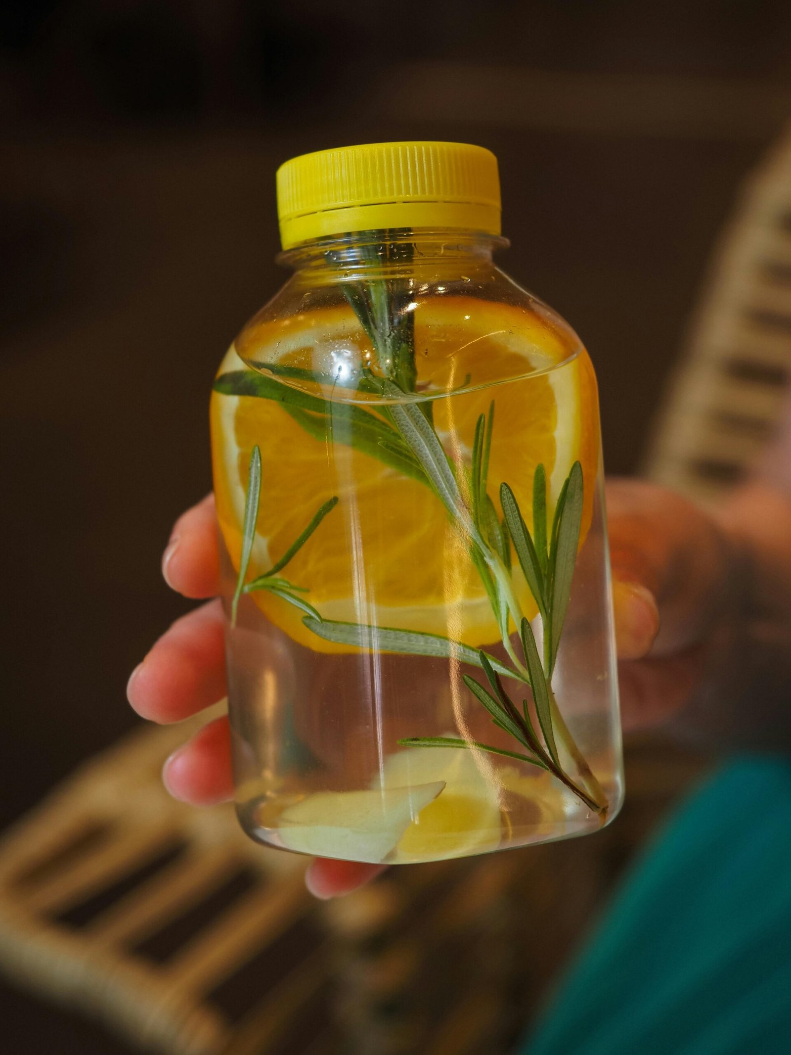 Hand holding a bottle of lemon rosemary infused water, ideal for healthy hydration.